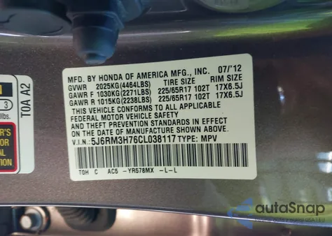 2012 Honda Cr-V Ex-L from USA, damaged, VIN 5J6RM3H76CL038117